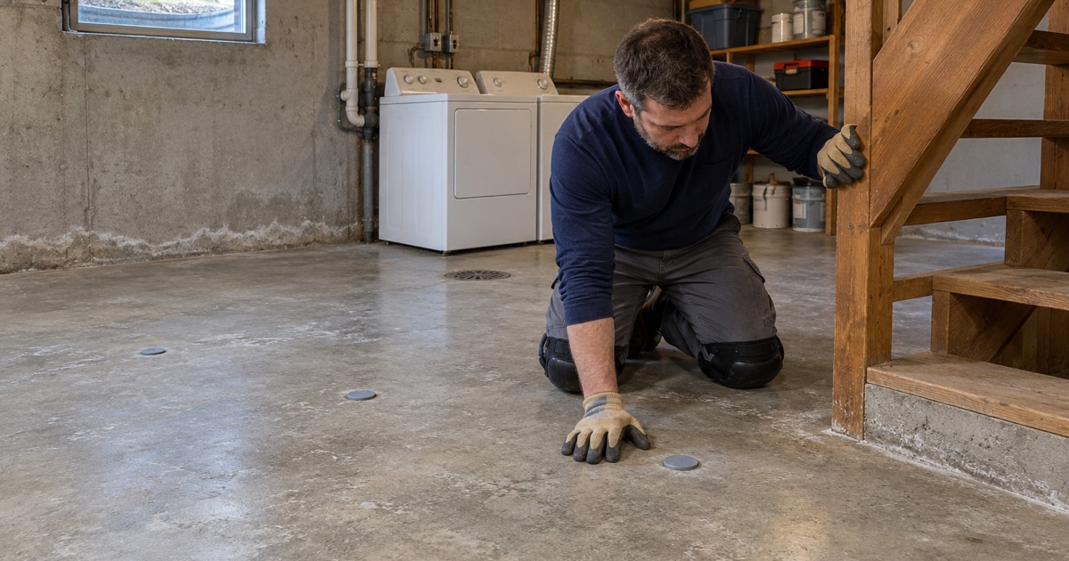 Moisture probes set into a bare basement slab in an older West Des Moines ranch house, read before any coating is chosen.