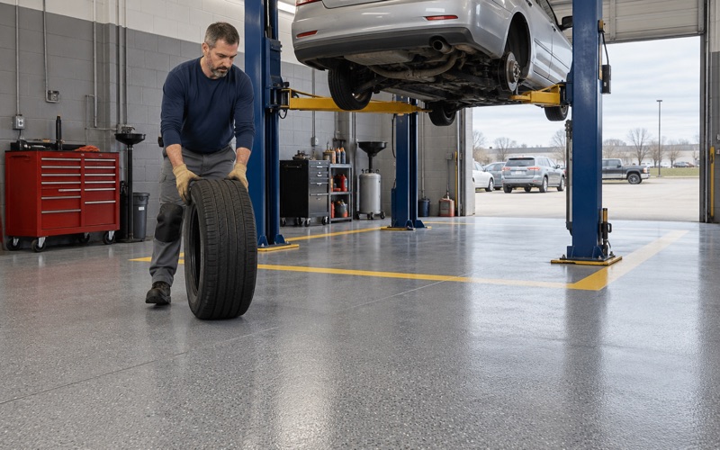 A quartz-broadcast epoxy floor under a two-post lift in an independent auto service shop in West Des Moines.