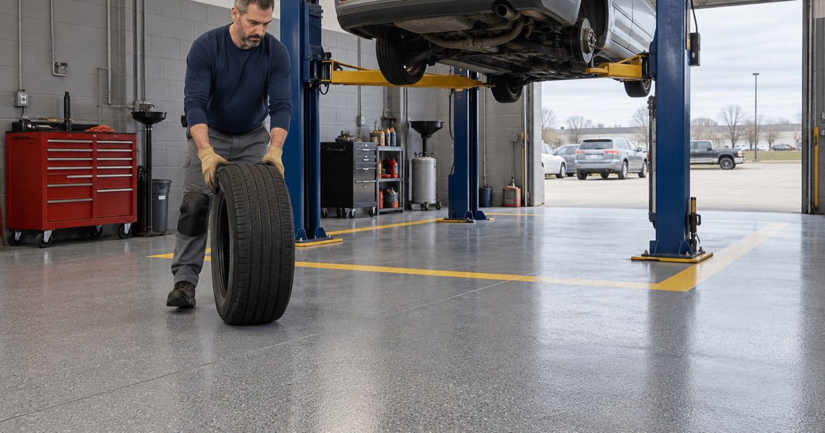 A quartz-broadcast epoxy floor under a two-post lift in an independent auto service shop in West Des Moines.