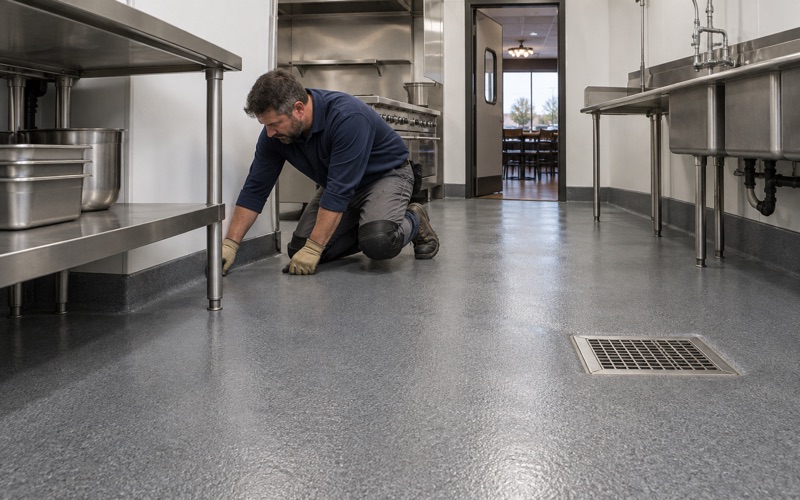 A textured urethane cement kitchen floor with an integral coved base in a West Des Moines restaurant, drying after the close.