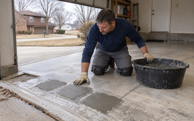 Salt-scaled spalls at the front edge of a West Des Moines garage slab cut back and patched level before the floor is coated.