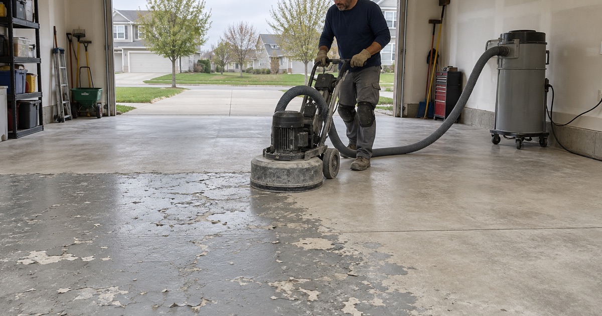 A diamond grinder taking a peeling store-bought garage coating down to bare concrete in a West Des Moines garage.