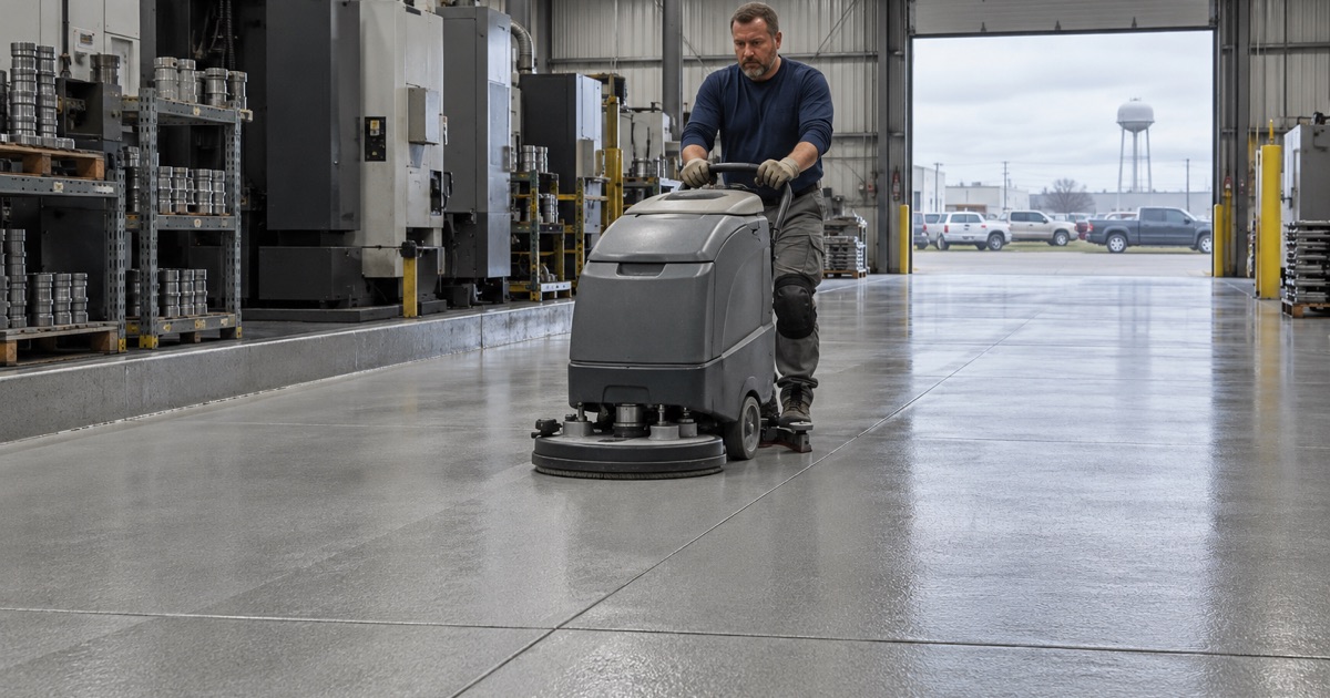 A sealed, sweepable plant floor in Adel cleaned at the end of a shift, so powder coating dust comes up without being scattered