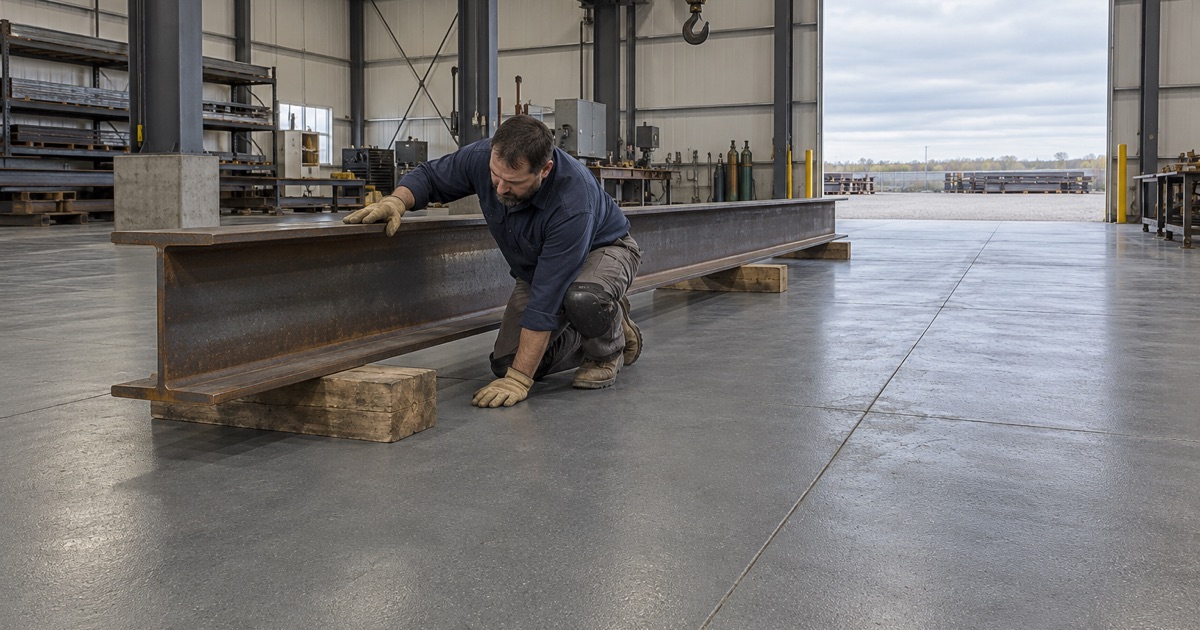 A troweled epoxy mortar floor under heavy steel at a new Altoona fabrication plant, built for impact rather than looks.