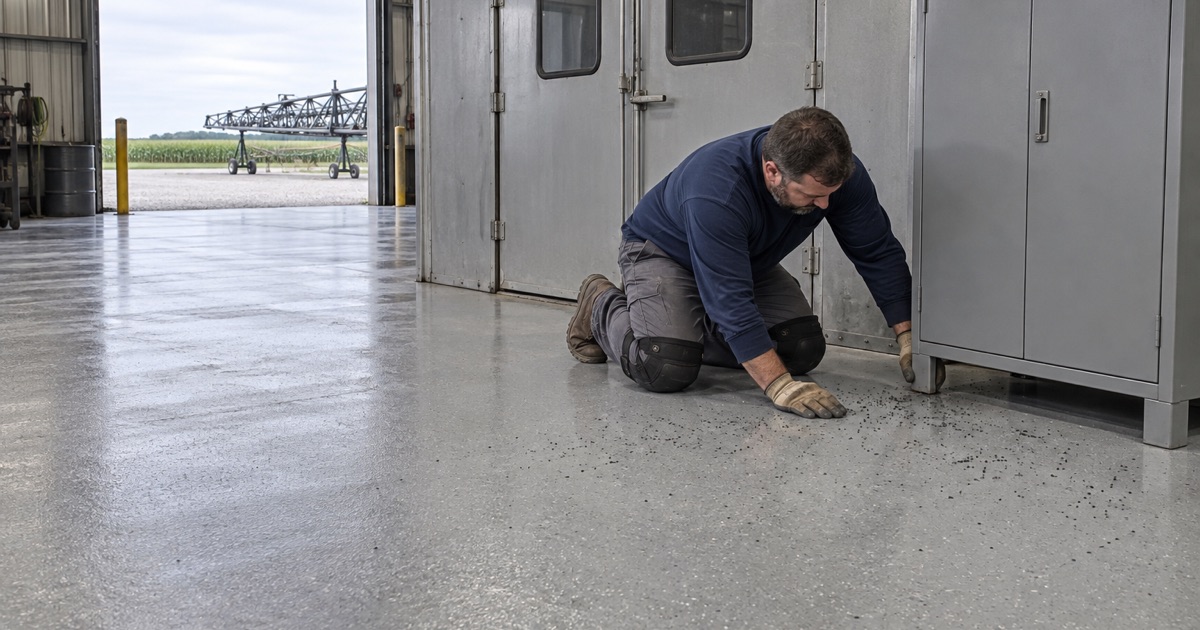 Loose steel shot visible on a light sweepable floor outside a blast room in a Grimes fabrication shop, before it is swept up.