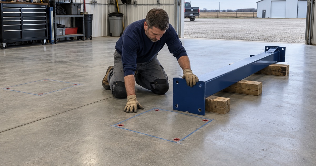 Lift anchor points marked out on a shop bay slab in Huxley, set before any hole is drilled into a heated floor