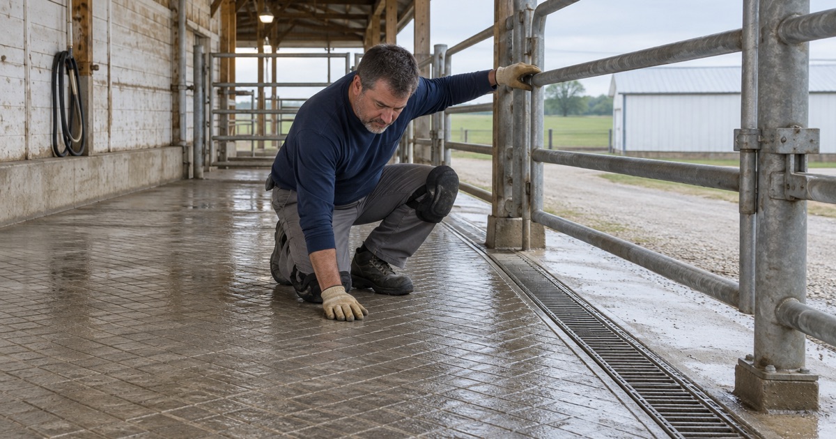 A grooved concrete wash rack floor in a livestock barn at the Indianola fairgrounds, rough enough for hooves and drained to a channel.