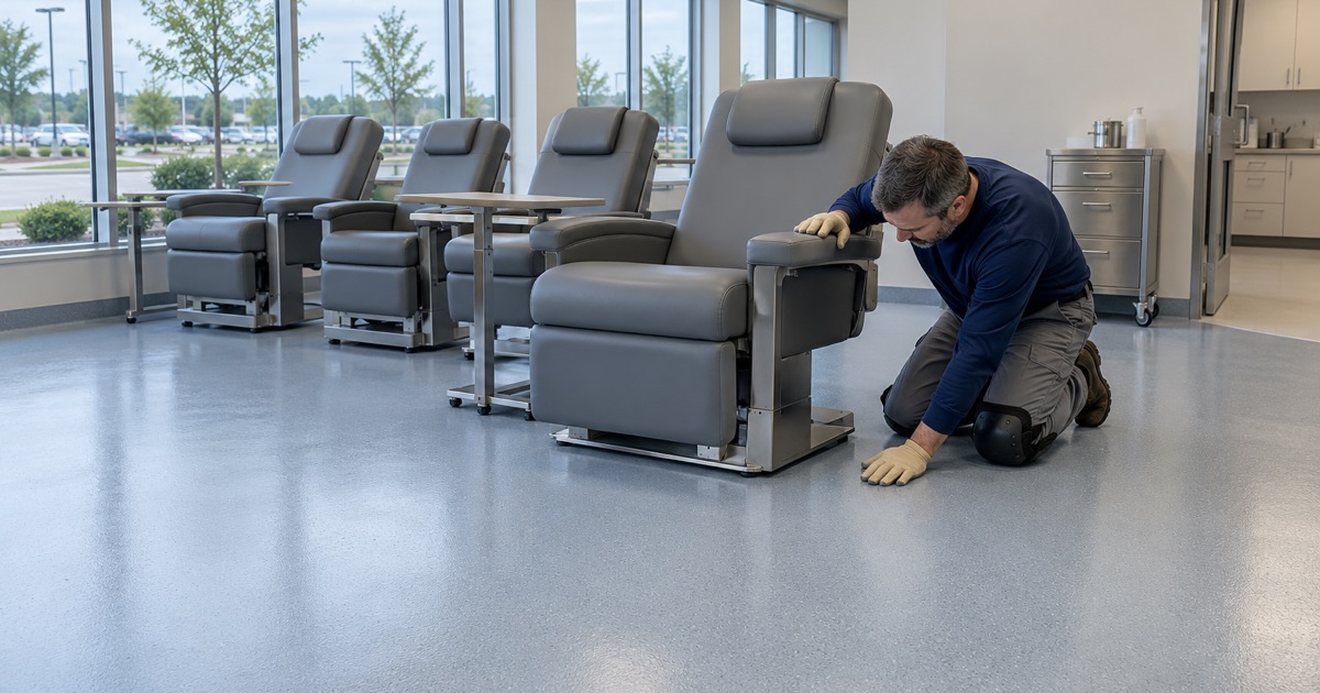Donor recliners on a seamless, sealed resin floor in a Johnston blood center, the floor coved up every wall for cleaning.