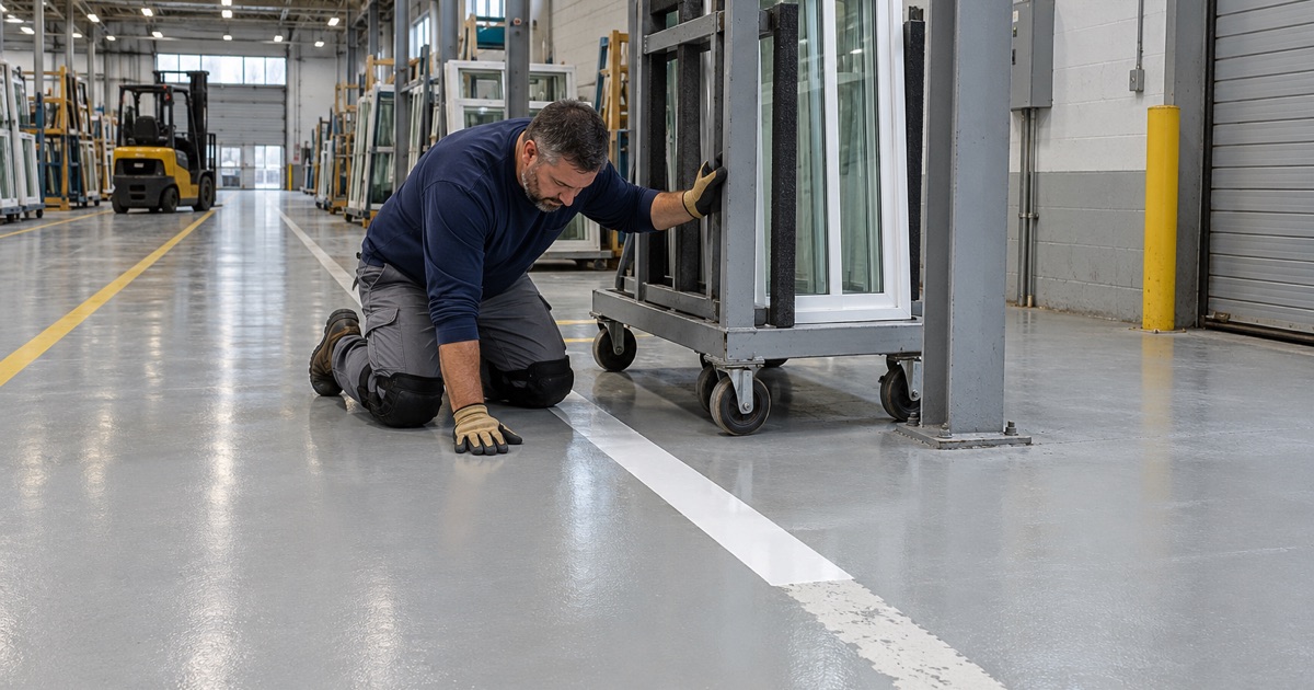 A fresh pedestrian walkway line beside a forklift route in a Norwalk window and door plant, laid in one section while the line runs.