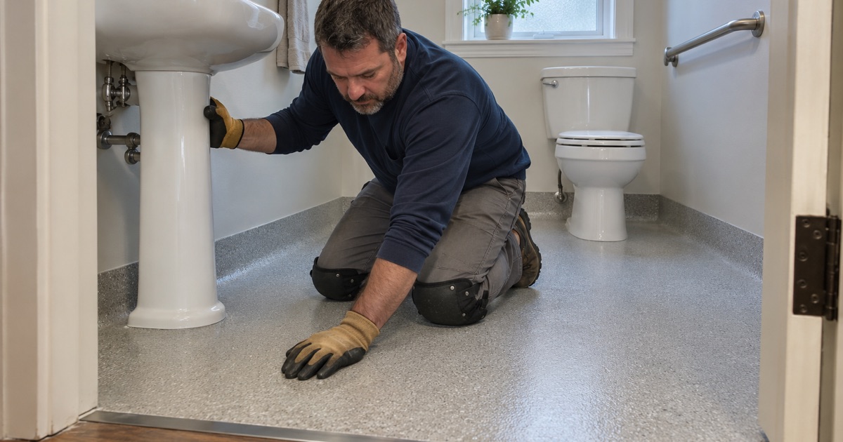 A nonabsorbent, washable resin floor in a guest bathroom of an old brick building in Perry