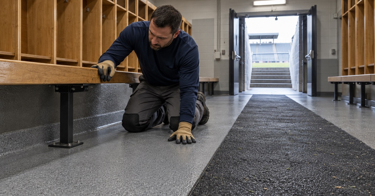 A textured coated locker room floor with a rubber mat in the cleat path at a stadium in Pleasant Hill.