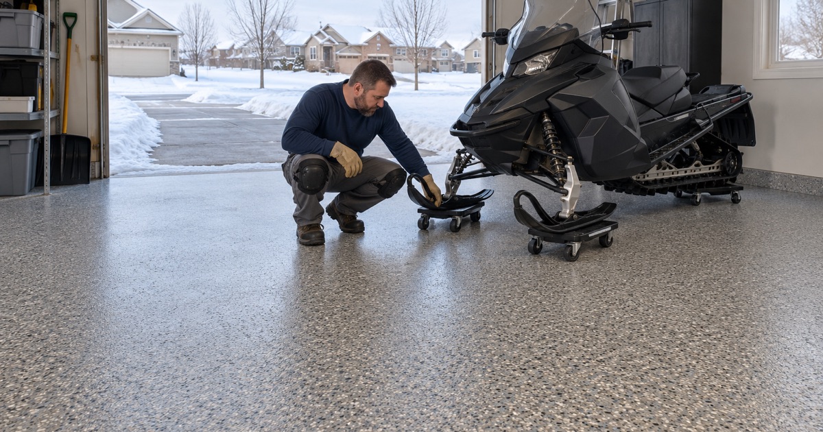 A snowmobile parked on wheeled ski dollies over a textured flake garage floor in Polk City, keeping the carbides off the coating.