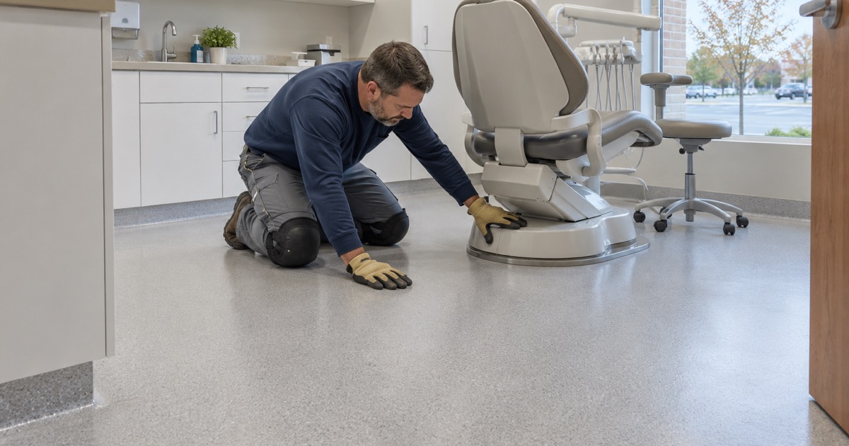 A seamless resin floor with a coved base under the patient chair in an Urbandale dental operatory, no carpet anywhere in the room.