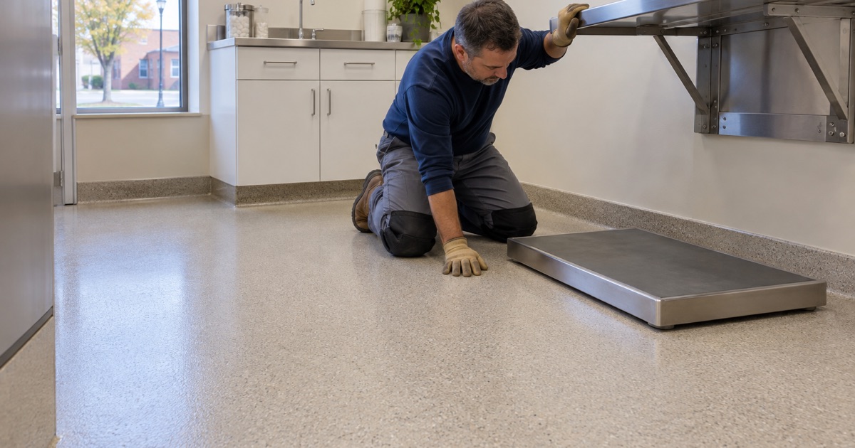 A nonporous quartz floor with a coved base in a Waukee animal clinic exam room, built to be disinfected between patients.