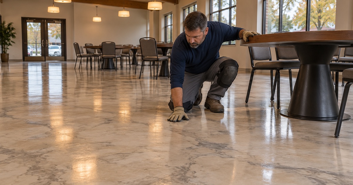A stone-look resin floor in a Windsor Heights event hall, its clear topcoat checked between receptions.