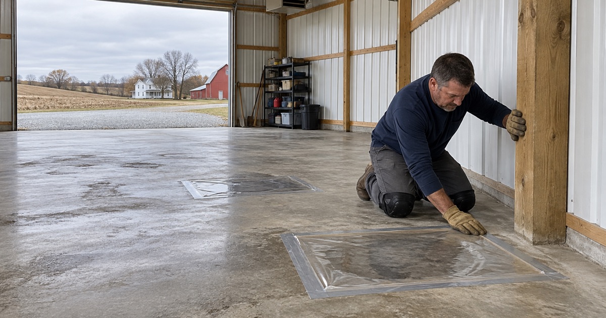 A moisture test taped to the slab of a converted pole building shop on an acreage outside Winterset, read before any coating is chosen.