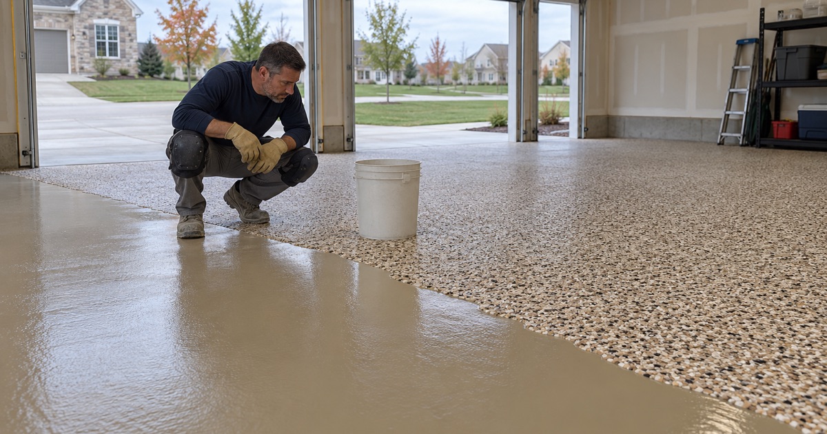 A dense cream, tan and brown flake broadcast settled across half of a West Des Moines garage floor, the base coat still showing beyond it.