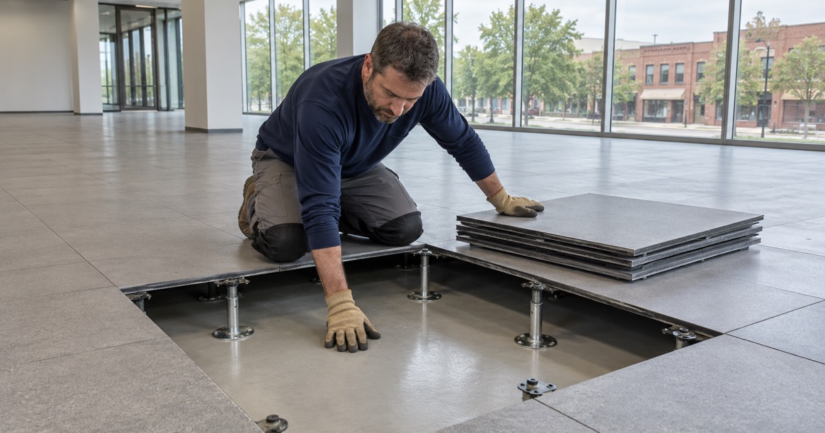 Raised floor panels lifted in a Des Moines office to show the sealed concrete slab that forms the bottom of the underfloor air plenum.