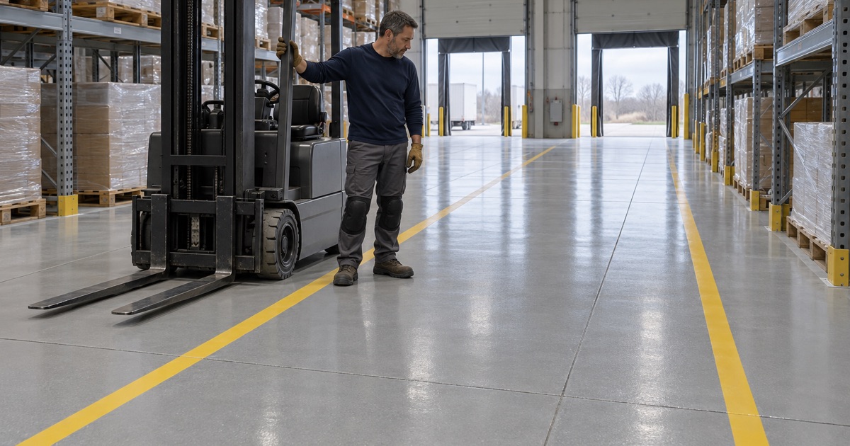 A high-build epoxy floor in a West Des Moines tilt-up warehouse, a parked forklift beside its marked traffic lane.