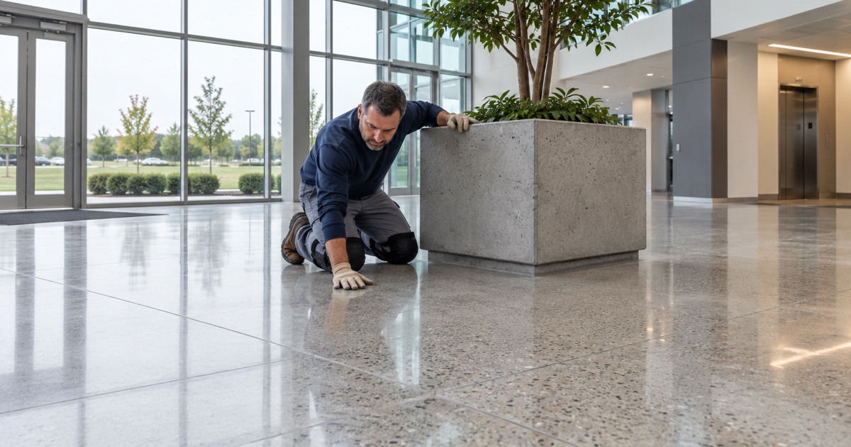 A polished concrete floor with salt-and-pepper aggregate in the atrium of a West Des Moines corporate office building.