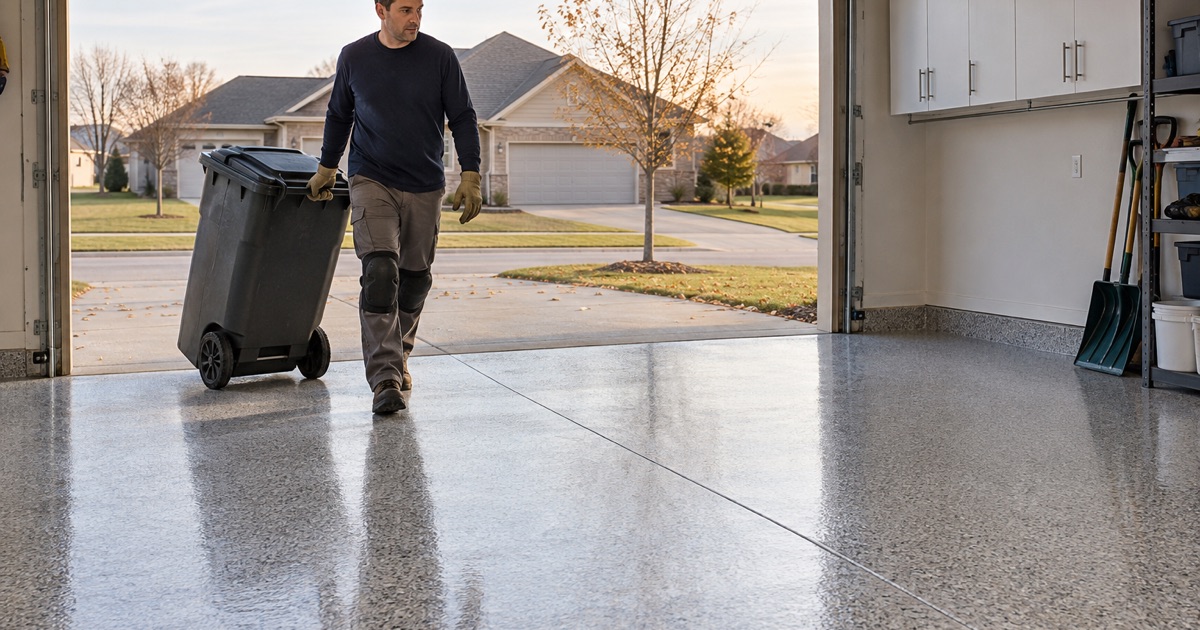 A trash cart rolled back into a West Des Moines garage the same day its polyaspartic flake floor went down.